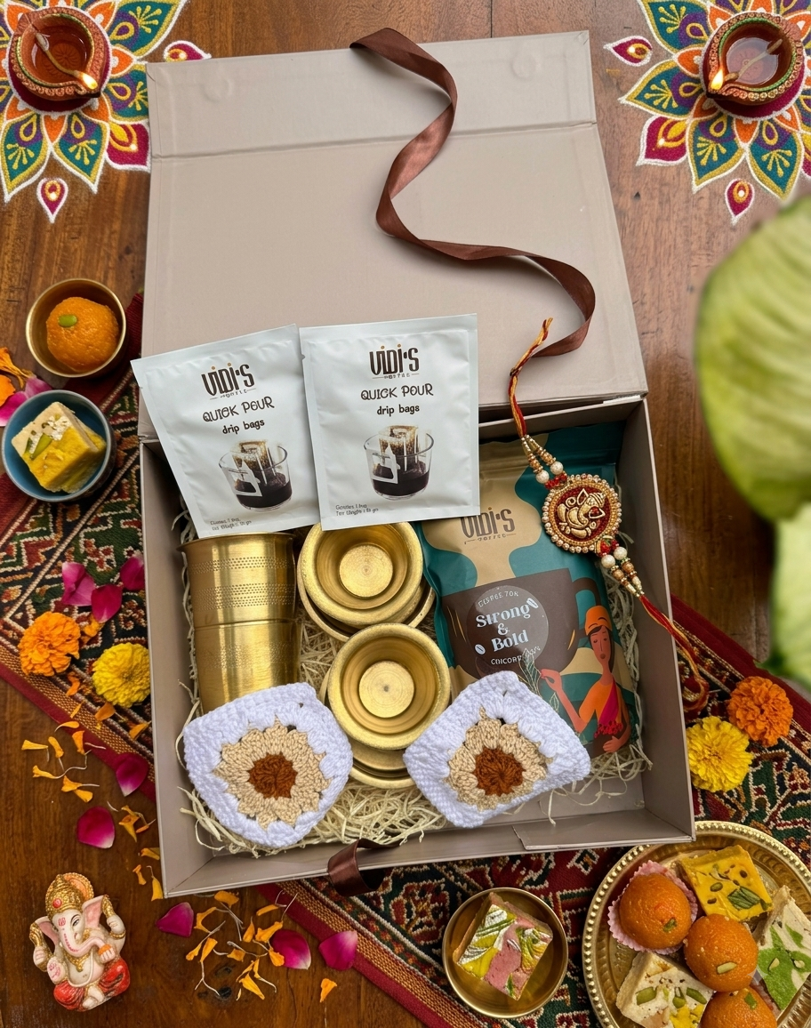 rtisanal South Indian Filter Coffee Set: Brass Brewer, Coffee & Crocheted Coaster Gift Box